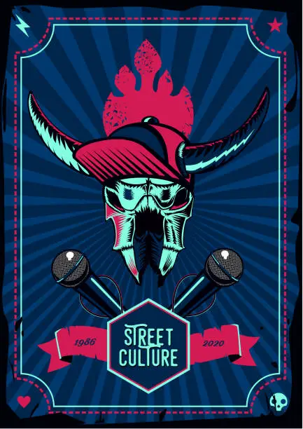 Vector illustration of Music poster with microphone and bull skull. Retro style rock background. Hip-hop apparel print for t-shirt.