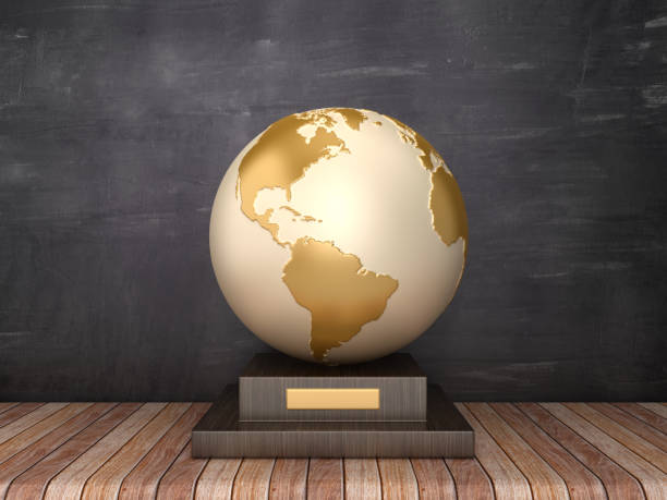 istock Trophy with Globe World on Wood Floor - Chalkboard Background - 3D Rendering 1185656025