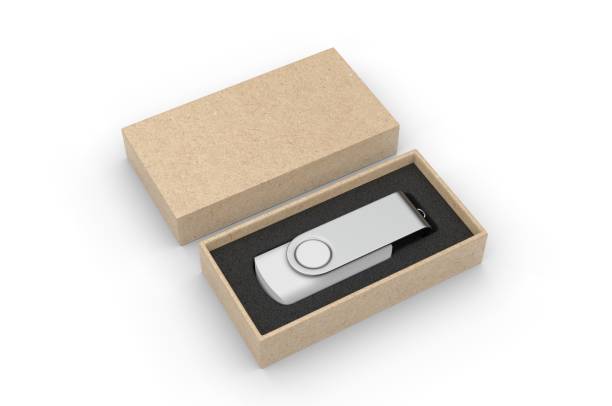 istock Blank pen drive with paper box packaging for promotional branding. 3d render illustration. 1185656034