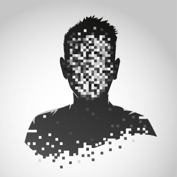 익명 벡터 아이콘입니다. 개인 정보 보호 개념. 픽셀화 된 얼굴을 가진 인간의 머리. 개인 데이터 보안 그림. - 식별할 수 없는 사람 stock illustrations