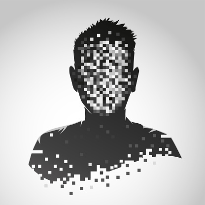 Anonymous vector icon. Privacy concept. Personal data security illustration. Human head with pixelated face.