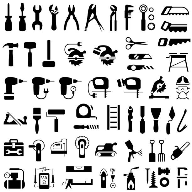 Icon Set of Construction, Renovation and DIY Tools. Single color isolated work tools icons set. plane hand tool stock illustrations