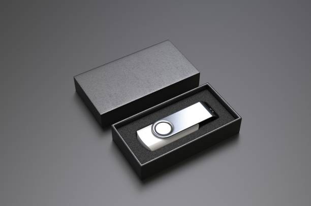 istock Blank pen drive with paper box packaging for promotional branding. 3d render illustration. 1185657483