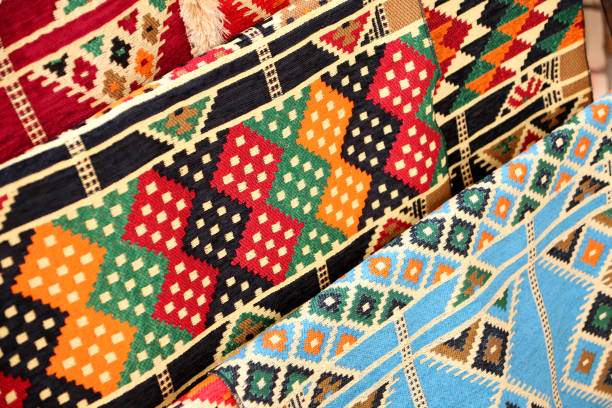 istock Bright colourful material or fabric designs in typical bold patterns of the Middle East, Aqaba, Jordan. 1185657554