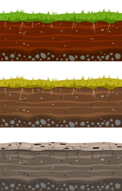 Soil ground layers. Seamless ground, earth drying process. Dirt clay surface texture with stones and grass. Vector set Soil ground layers. Seamless ground, earth drying process. Dirt clay surface texture with stones and grass. Vector landscape layered set bedrock stock illustrations