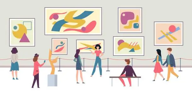 Vector illustration of People in gallery. Walking tourists and expo fashion stand with artworks or exhibition abstract paintings vector concept