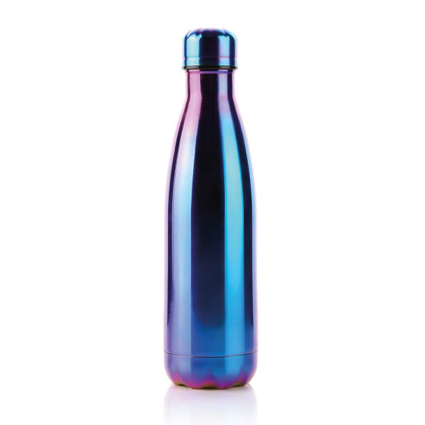 Blue Gradient Aluminium Thermo Bottle Isolated on White Background. Reusable Flask for Hot and Cold Beverages.