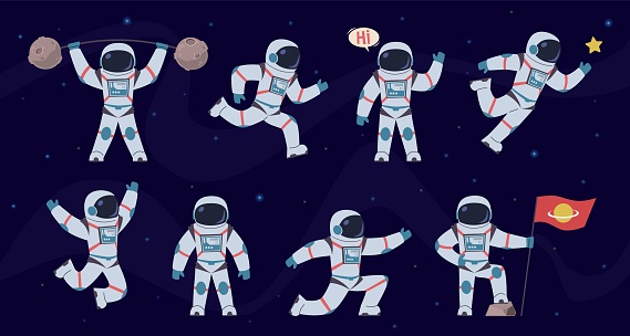 Cartoon astronaut. Cosmonaut characters in different poses running, standing and walking, flying. Cosmic hero in space suit vector comics party spaceman set