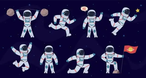 Vector illustration of Cartoon astronaut. Cosmonaut characters in different poses running, standing and walking, flying. Cosmic hero in space suit vector set