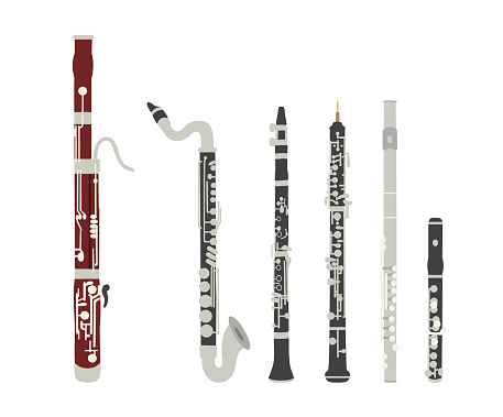 Set of vector modern flat design musical instruments. Woodwind musical instruments.  Illustration of musical instruments isolated on white background.