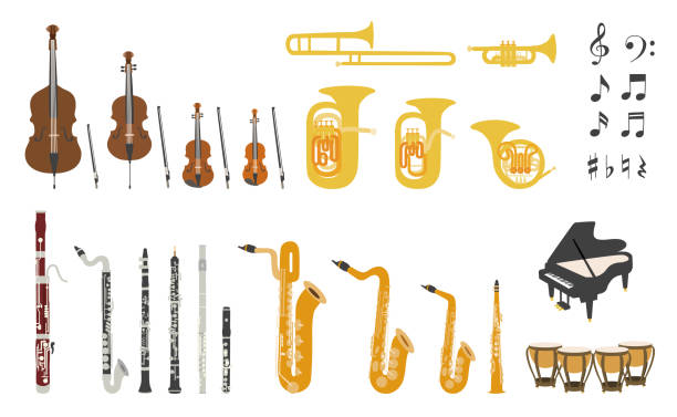 zestaw wektorowych nowoczesnych płaskich instrumentów orkiestrowych - brass instrument illustrations stock illustrations