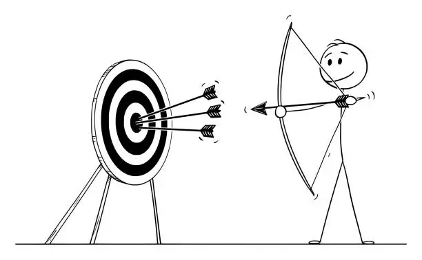 Vector illustration of Vector Cartoon Illustration of Successful Man or Businessman Shooting Arrow at Target with Bow. Concept of pointing at Goal or Success