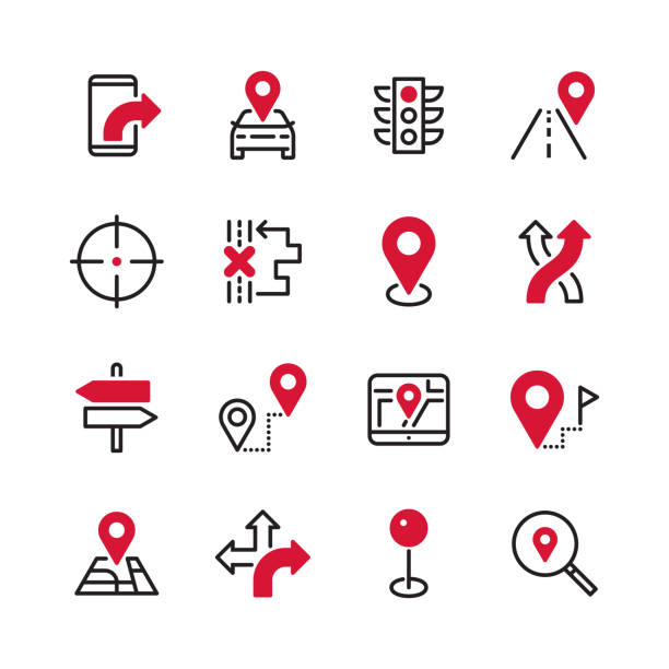 Navigation - black line plus color Vector icon set. Files included: Vector EPS 10, HD JPEG 4000 x 4000 px road map illustrations stock illustrations