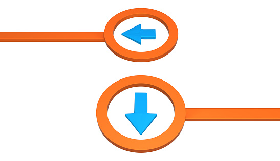 Orange symbolic arrow three way circle lines, 3d illustration, horizontal, over white, isolated