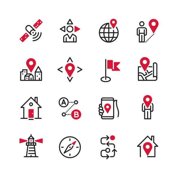 Navigation - black line plus color Vector icon set. Files included: Vector EPS 10, HD JPEG 4000 x 4000 px cityscape icons stock illustrations
