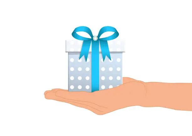 Vector illustration of Hand giving luxury blue gift box vector illustration