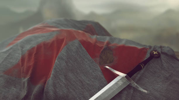Templar knights flag. Crusade old torn banner and sword Templar knights flag. Crusade old torn banner and sword. 3d illustration knights templar stock pictures, royalty-free photos & images