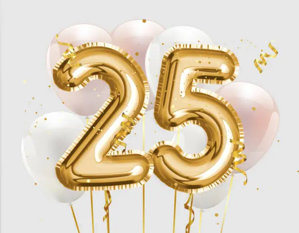 Photo of Happy 25th birthday gold foil balloon greeting background. 25 years anniversary logo template- 25th celebrating with confetti.