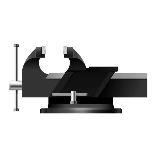 Vector illustration of Bench vise, metal clamps for metal work - workbench vice tool for parts fixing, screw vise