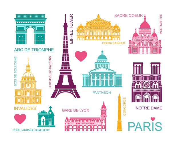 ilustrações de stock, clip art, desenhos animados e ícones de architectural and historical sights of paris. set of high quality icons. vector liiustrations - paris