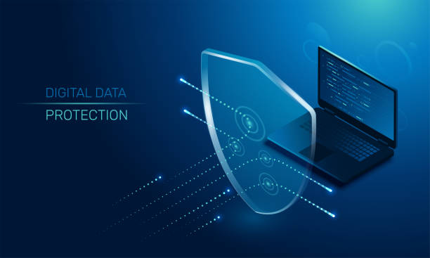 digital data protection isometric vector image on a dark background, a transparent shield covering the laptop from virus attacks, protection of digital data antivirus software stock illustrations