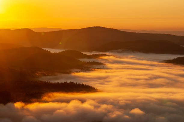 Misty Clouds over Vermont Mountains Misty clouds cover a Vermont mountain sunrise. green mountains appalachians photos stock pictures, royalty-free photos & images