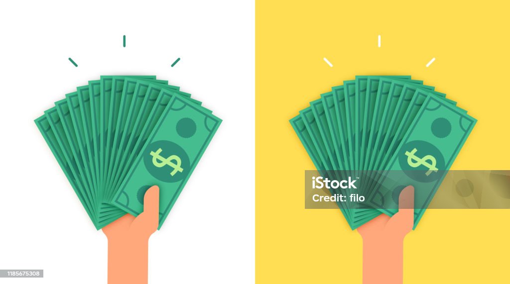 Person Holding Lots of Money A human hand holding a large amount of cash money currency dollar bills. Rich wealth person concept. Currency stock vector