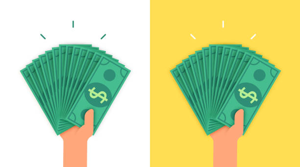 Person Holding Lots of Money A human hand holding a large amount of cash money currency dollar bills. Rich wealth person concept. currency stock illustrations