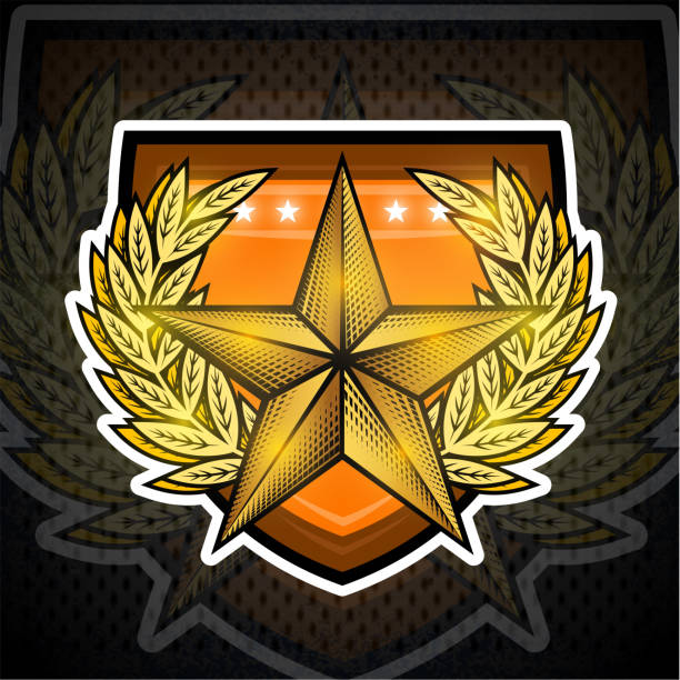 istock Golden star with laurel wreath in center on shield. Sport label for any team or competition 1185677004