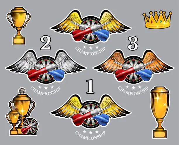 Vector illustration of Red and blue darts crossed on round target between wings with cups and crown. Vector set of label for any team and championship