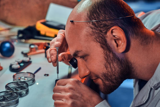 istock Mature clockmaster is fixing old watch for a customer at his busy repairing workshop 1185677941