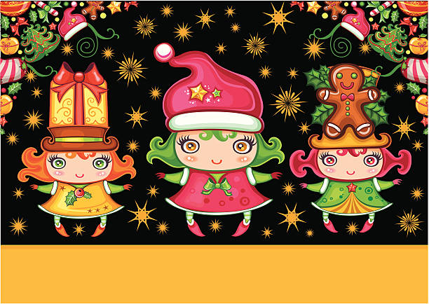 Christmas greeting card with cute  girls  silhouette of christmas cookie border stock illustrations