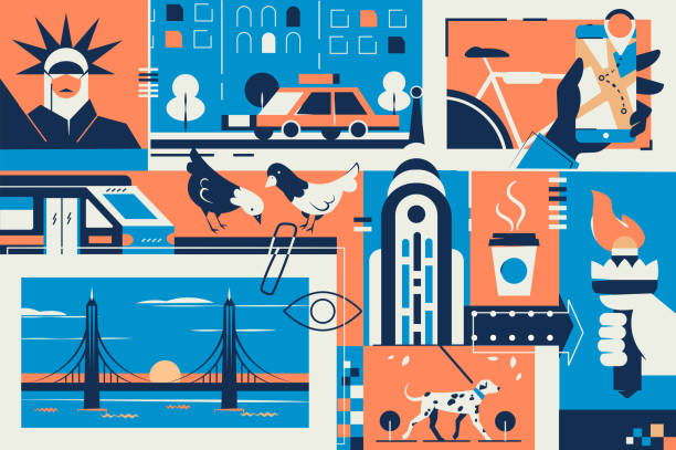 New York postcard with city landmark in frame New York postcard with city landmark in frame vector illustration. High building, Statue of Liberty sign, doves characters, auto and dog, map in smartphone and coffee new york state illustrations stock illustrations