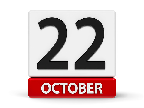Red and white calendar icon from cubes - The Twenty Second of October - on a white table - International Stuttering Awareness Day, three-dimensional rendering, 3D illustration