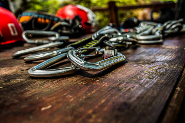 Climbing equipment on table outdoors