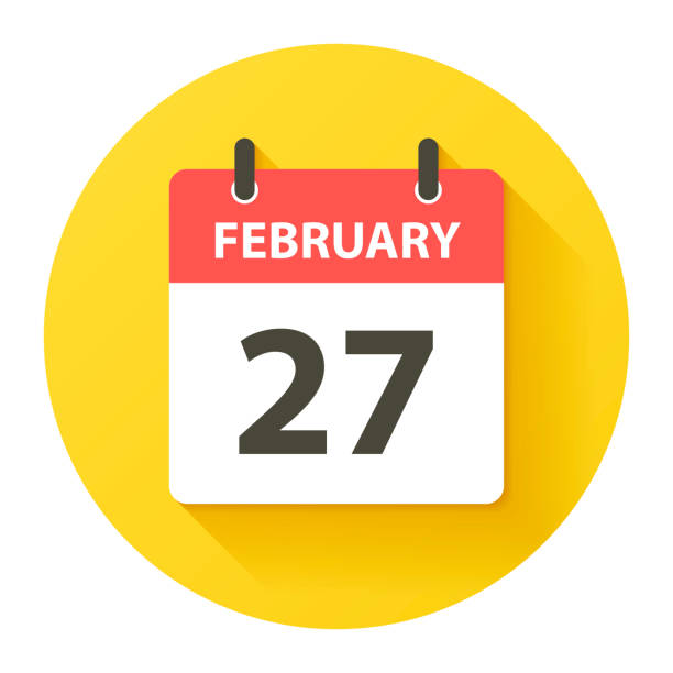 February 27 - Round Daily Calendar Icon in flat design style February 27. Round calendar Icon with long shadow in a Flat Design style. Daily calendar isolated on a yellow circle. Vector Illustration (EPS10, well layered and grouped). Easy to edit, manipulate, resize or colorize. number 27 stock illustrations