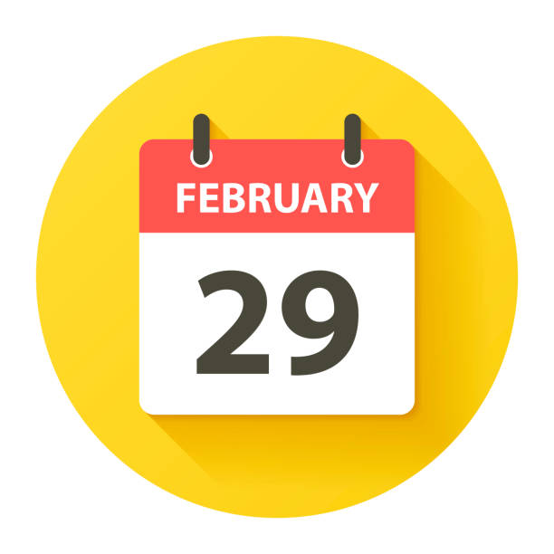 February 29 - Round Daily Calendar Icon in flat design style February 29. Round calendar Icon with long shadow in a Flat Design style. Daily calendar isolated on a yellow circle. Vector Illustration (EPS10, well layered and grouped). Easy to edit, manipulate, resize or colorize. calendar date circled stock illustrations