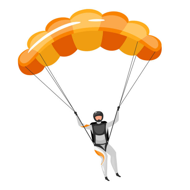 Parachuting flat vector illustration. Skydiving, paragliding experience. Extreme sports. Active lifestyle. Outdoor activities. Sportsman with parachute isolated cartoon character on white background Parachuting flat vector illustration. Skydiving, paragliding experience. Extreme sports. Active lifestyle. Outdoor activities. Sportsman with parachute isolated cartoon character on white background paraglider stock illustrations