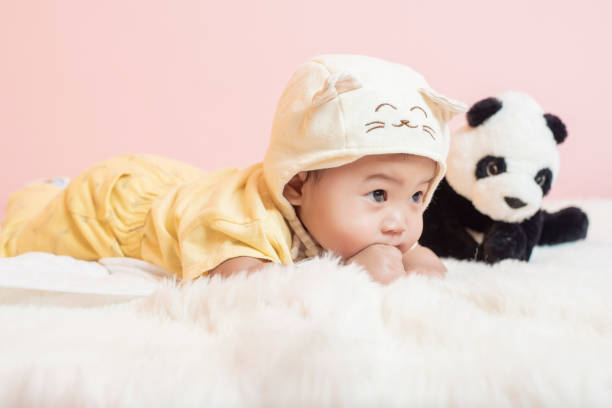 istock Happy newborn cute baby in studio 1185708375