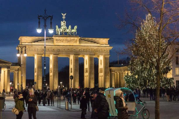 Brandenburg Gate decorated with the Christmas tree. Christmas concept.