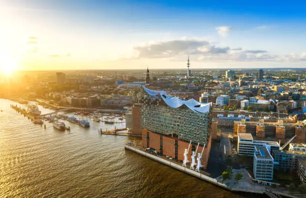 Aerial view on the Elbe river towards Elbphilharmonie at sunset