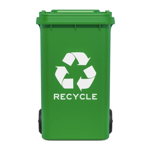 istock Green recycling trash can, 3D rendering isolated on white background 1185713284