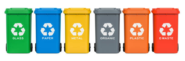 Set of recycling trash cans, 3D rendering isolated on white background