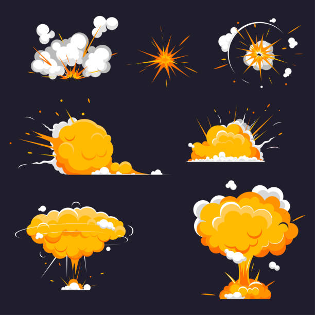 ilustraciones, imágenes clip art, dibujos animados e iconos de stock de explosiones, bomba, llama boom - fireball flame fire bomb
