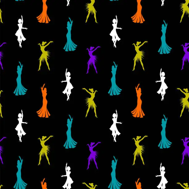 Vector illustration of Latin women dancers seamless pattern. Flat multicolored illustration on black background