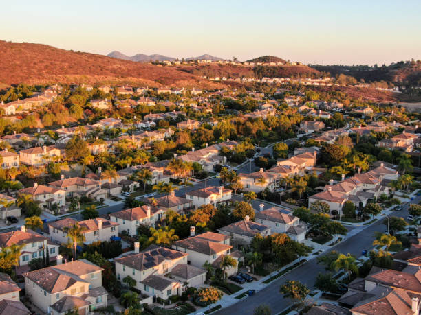 istock Aerial view of residential modern subdivision during sunset 1185715607