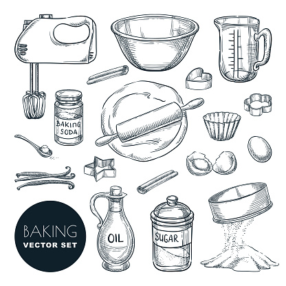 Baking ingredients and kitchen utensil icons. Vector hand drawn sketch illustration. Cooking and recipe design elements set, isolated on white background.
