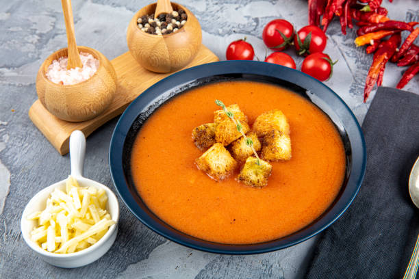 istock Tomato soup with croutons and fresh parsley 1185722098