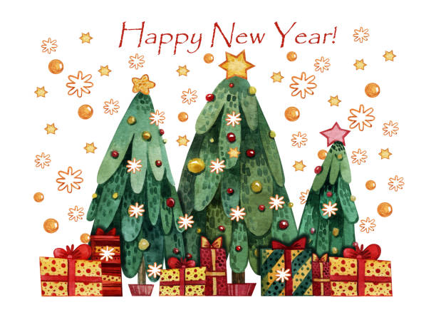 istock Watercolor Christmas card with three Christmas trees decorated with toys. 1185723191