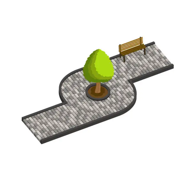 Vector illustration of Walking alley in the park with a bench and a tree.Vector isometric and 3D view.